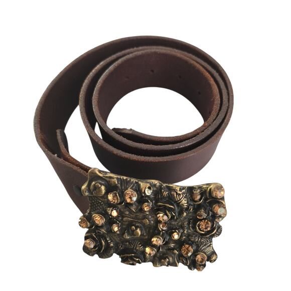 Genuine Brown Leather Belt with Rhinestone Embellished Buckle - Picture 3 of 7